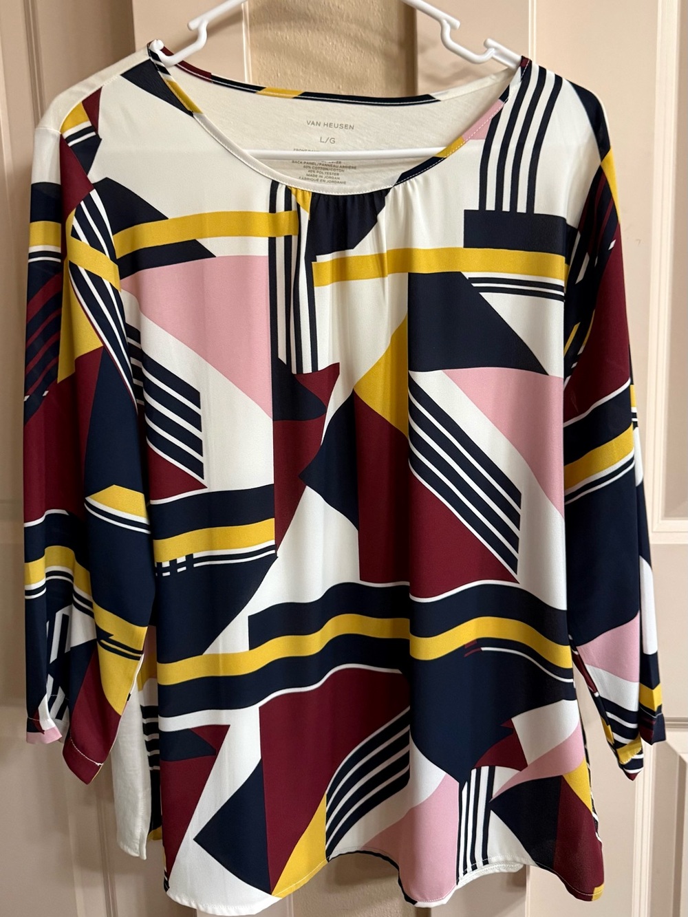Van Heusen Multi-Color Geometric Tunic Top — Navy, Burgundy, Pink, Yellow, White